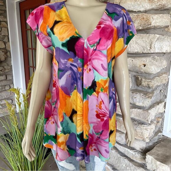 Lauren Ralph Lauren Size Large Watercolor Floral Print Crepe Tunic Blouse - Picture 9 of 12